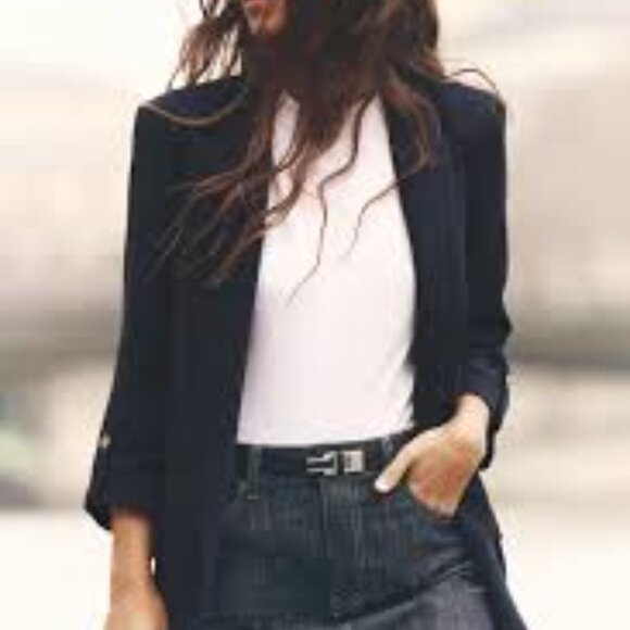 Zara Navy Blue Open Long Blazer w Rolled Up Button Tab Sleeves Sz SMALL - Picture 1 of 7